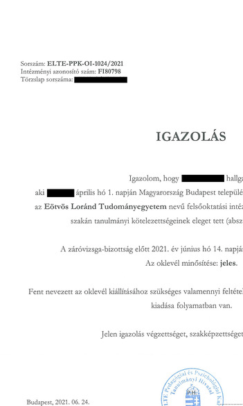 Oklevél-igazolás kiadása 2020/2021-es tanév tavaszi félév