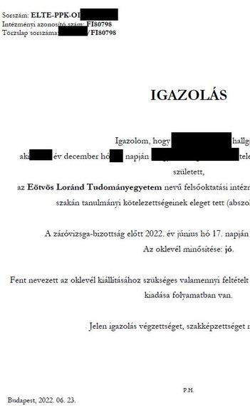 Oklevél-igazolás kiadása 2021/2022-es tanév tavaszi félév